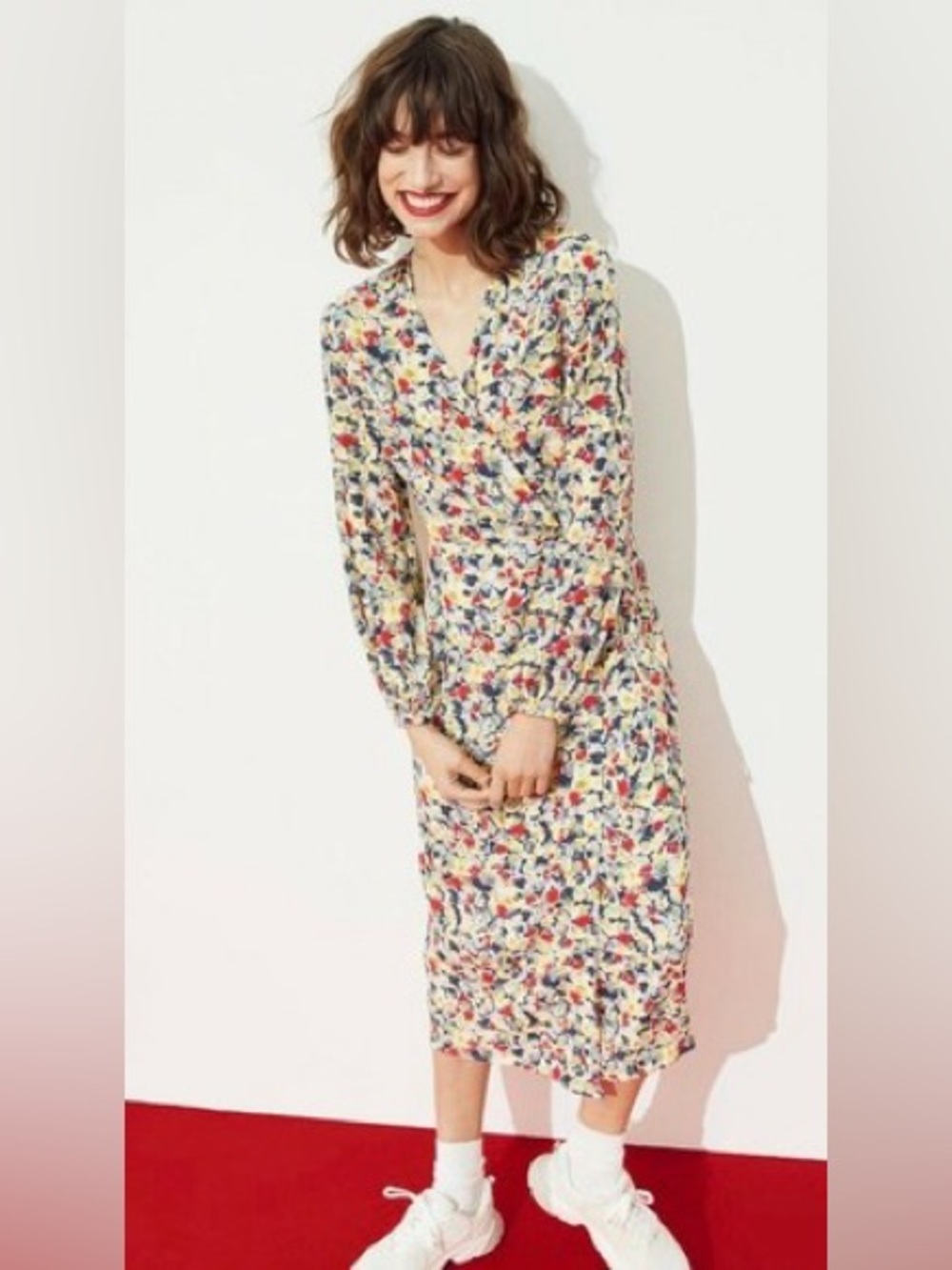 H&M Floral Long-Sleeve Midi Dress